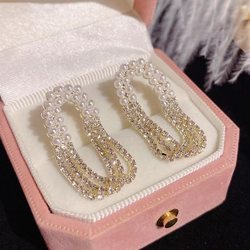 Zircon Multi-layer Tassel Pearl Tassel Earrings